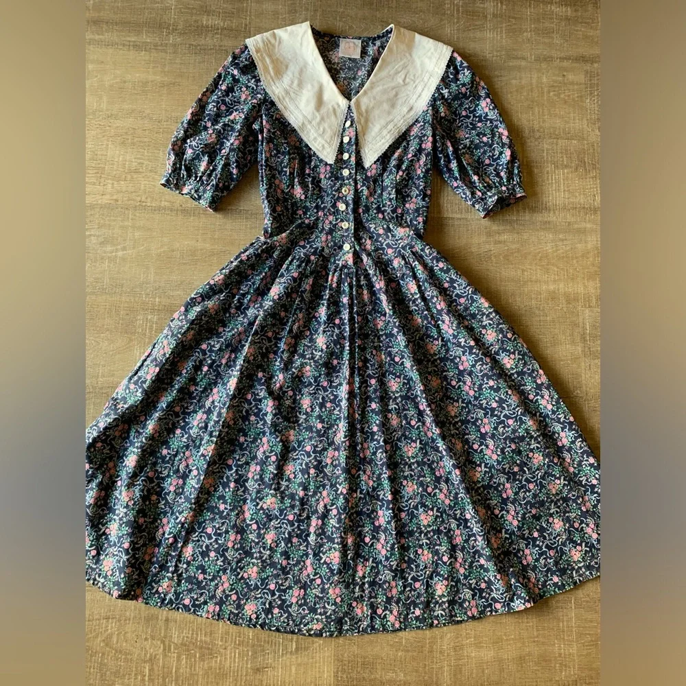 Eber San Francisco Vintage Cottagecore Dress M Floral Lace Collar Prairie USA - Picture 3 of 14